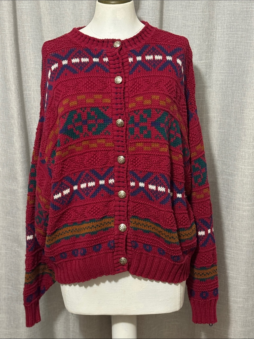Vintage Winona Knits Cardigan-Cotton-Sz XL-Geo Print Stripes-Cranberry-EUC
